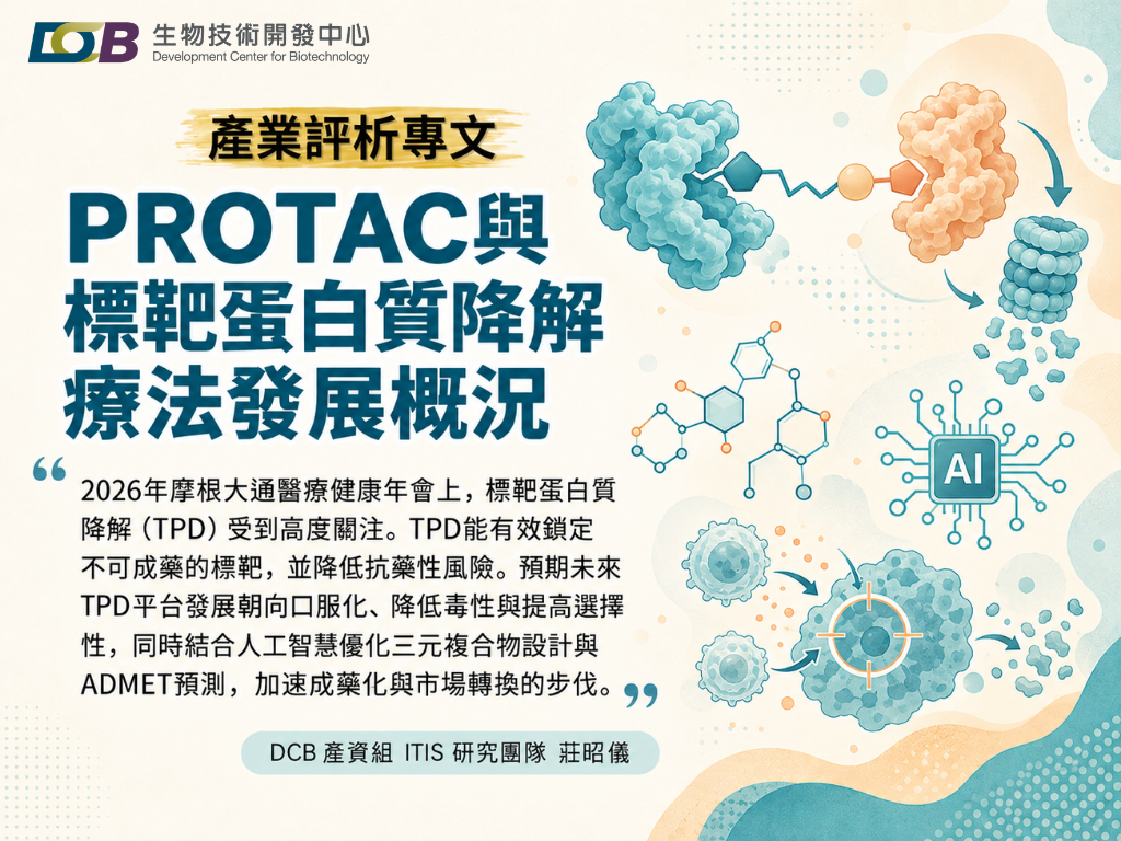 圖片是一張生物科技產業分析專文的宣傳海報，主題為PROTAC與標靶蛋白質降解療法發展概況。畫面介紹蛋白質降解、不可成藥標靶、降低抗藥性、口服化、毒性、選擇性、人工智慧、三元複合物設計與ADMET預測等重點，並呈現蛋白質結合、分解及藥物研發流程。海報下方標示DCB產資組、ITIS研究團隊與莊昭儀。